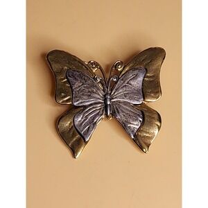 Vtg PREMIER DESIGNS Signed Gold & Silver Tone Double Butterfly Brooch Pin